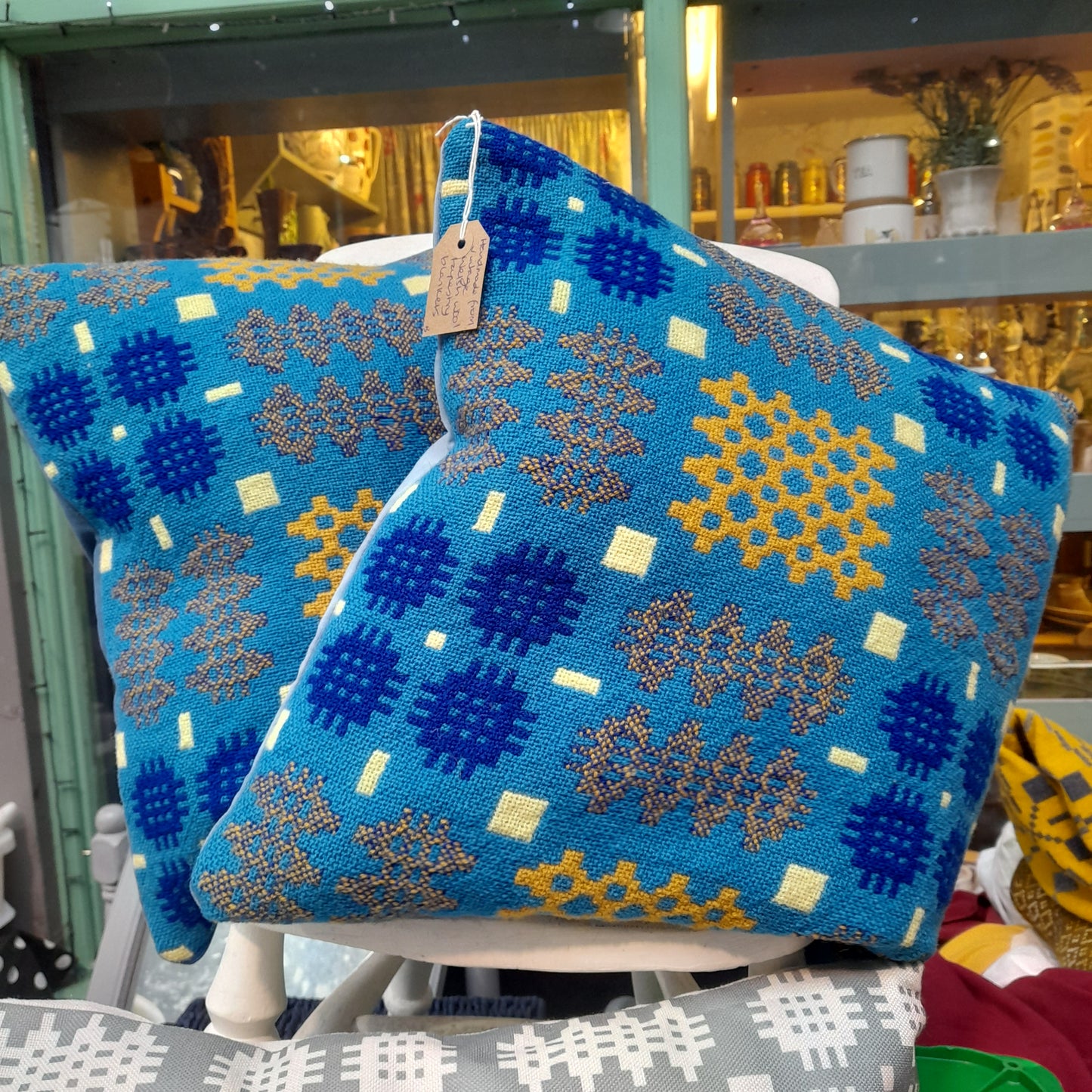 Handmade Welsh Blanket Cushion in Blue & Mustard Yellow 18"