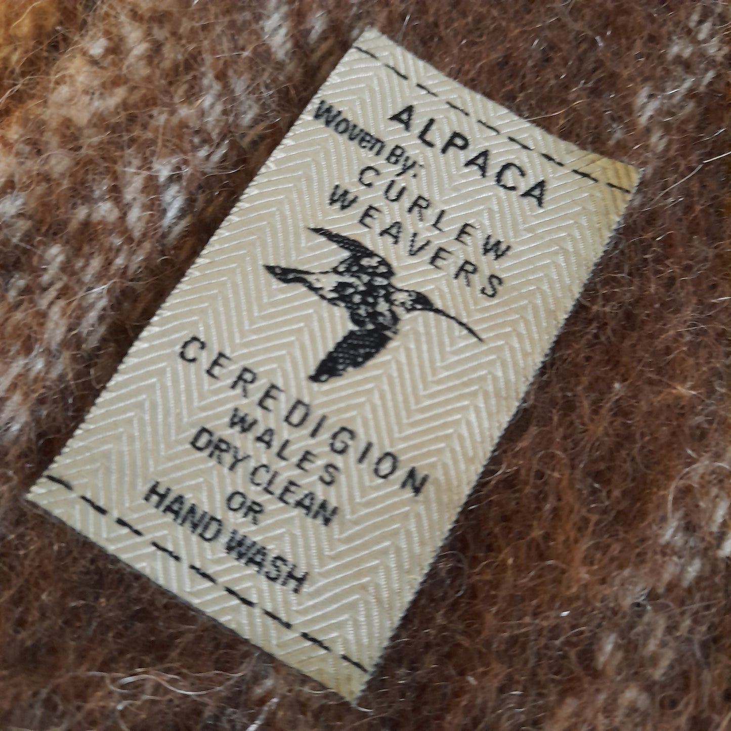Welsh Blanket in Natural Brown Alpaca Wool Cream Stripe Hand Woven by Curlew Weavers