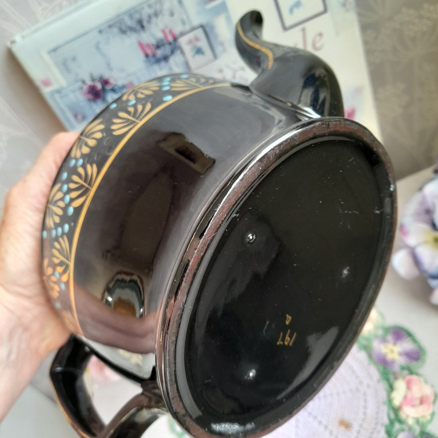 Antique Victorian Jackfield Black Handpainted Jet Ware Teapot With Hinged Lid Unused
