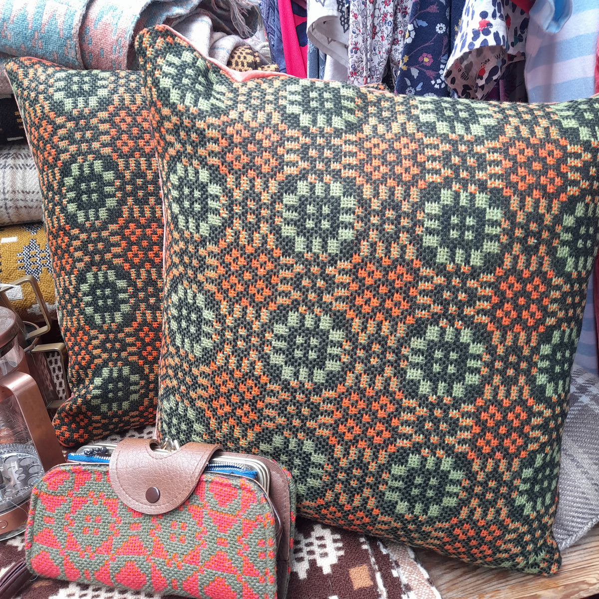 PAIR of Cushions Handmade In Vintage Welsh Tapestry Olive Green & Burnt Orange 18"