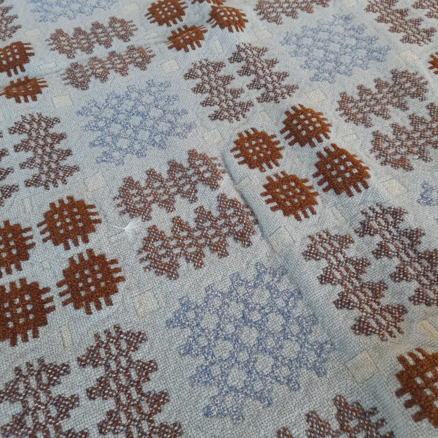 RARE Early Antique Welsh Tapestry Blanket in Grey Blue & Brown