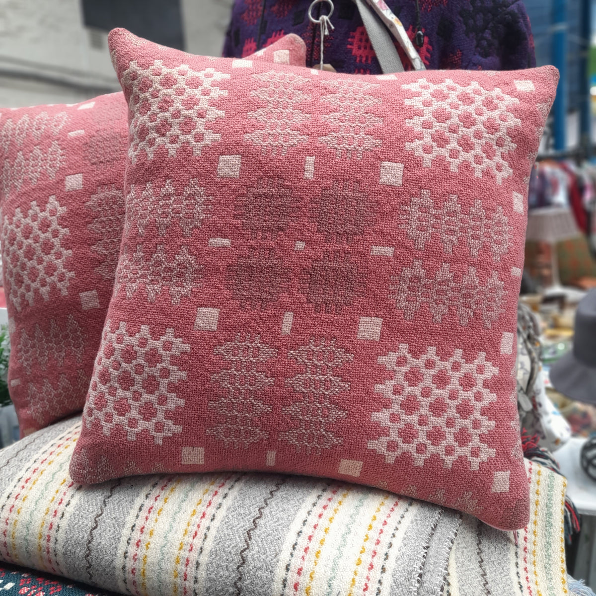 PAIR of Welsh Blanket Cushions in Dusky Pink, Taupe & Cream Handmade 18 inch