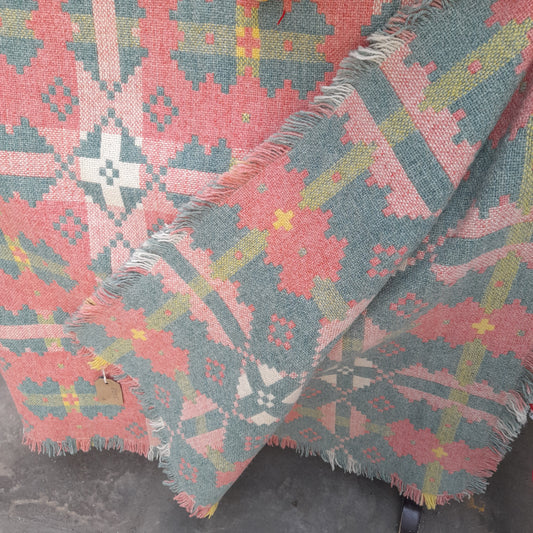 Vintage Welsh Tapestry Blanket in Sage Green, Coral Pink With a Pop of Yellow