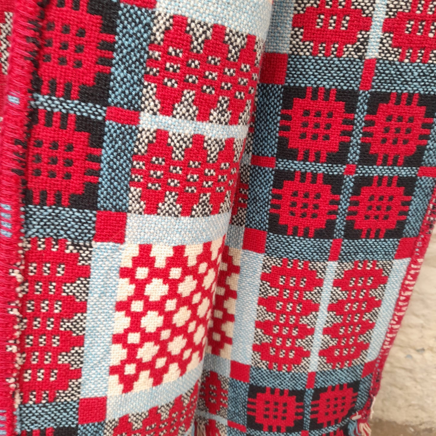 Vintage Welsh Wool Tapestry Blanket in Raspberry Red With a Pop of Blue King Size