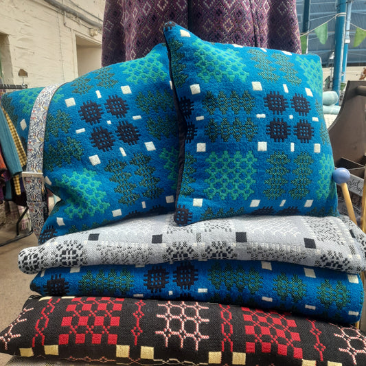 PAIR Handmade Welsh Blanket Cushions in Cobalt Blue, Green, Black & White 18"