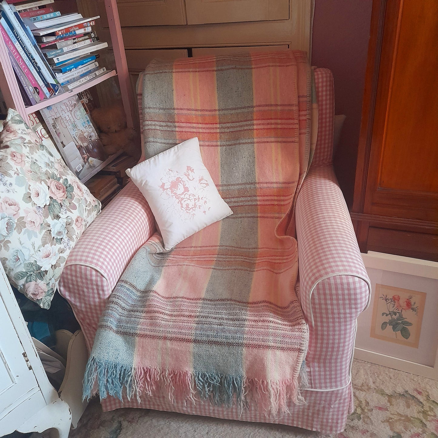 Vintage Welsh Blanket in Pretty Pastel Plaid Checks in Pale Pink Duck Egg Blue Blue & Pop of Red