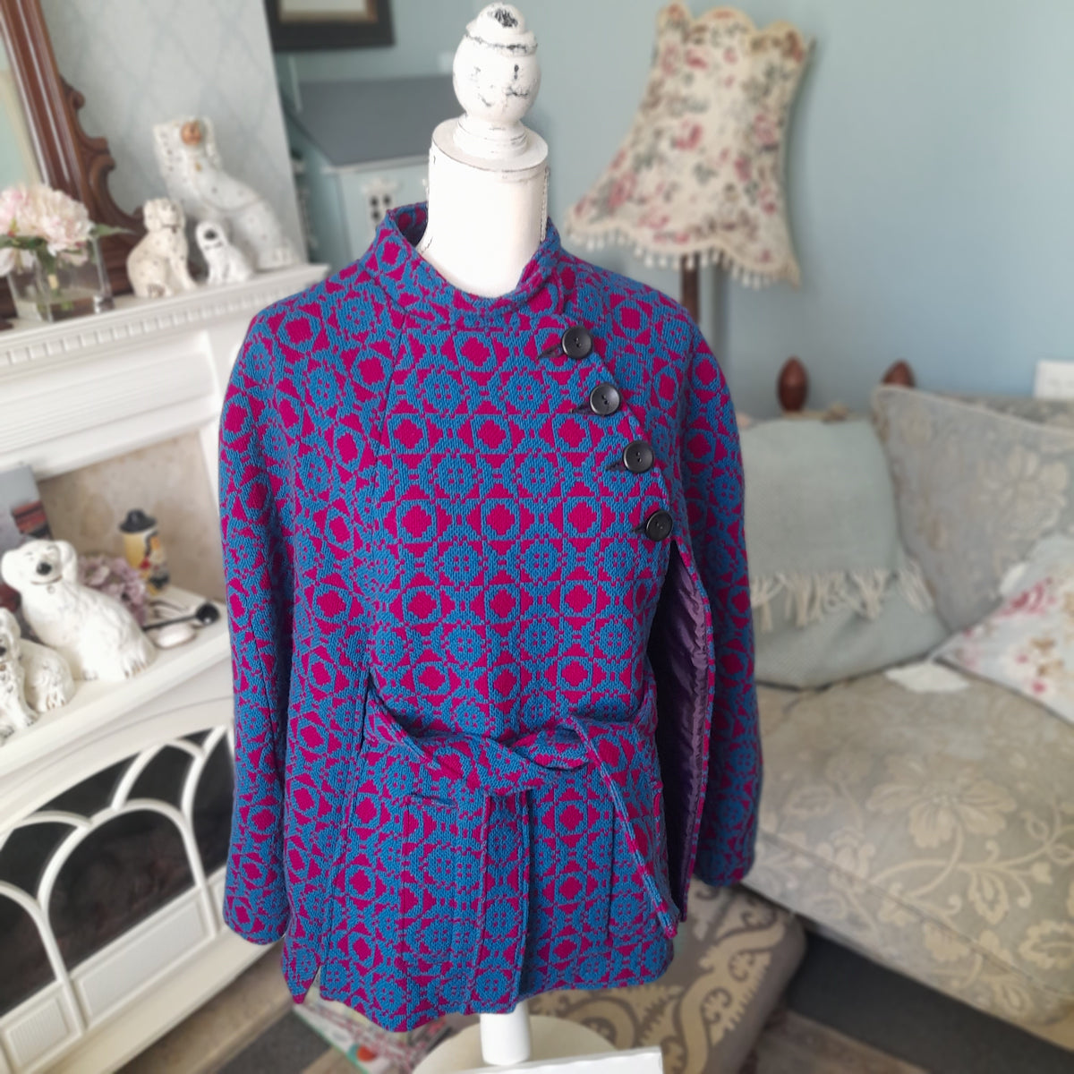 Vintage Welsh Tapestry Cape/Poncho in Dark Cerise Pink & Bright Blue Size 12/14
