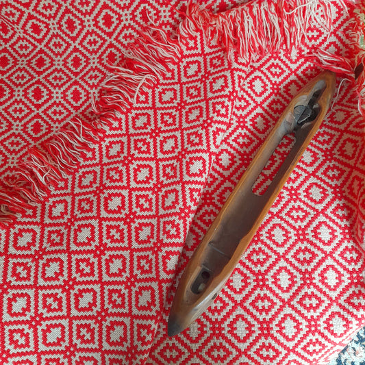 RARE Vintage Welsh Tapestry Blanket in Tomato Red & Cream by Rhydybont Mill