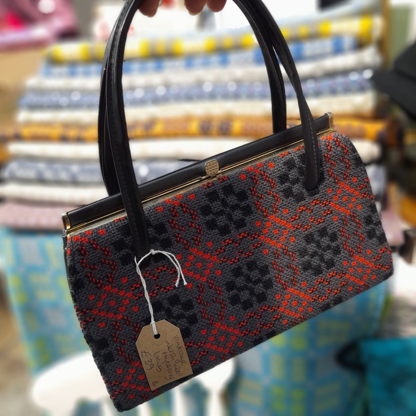 Vintage Welsh Tapestry Handbag in Red Charcoal Grey & Black