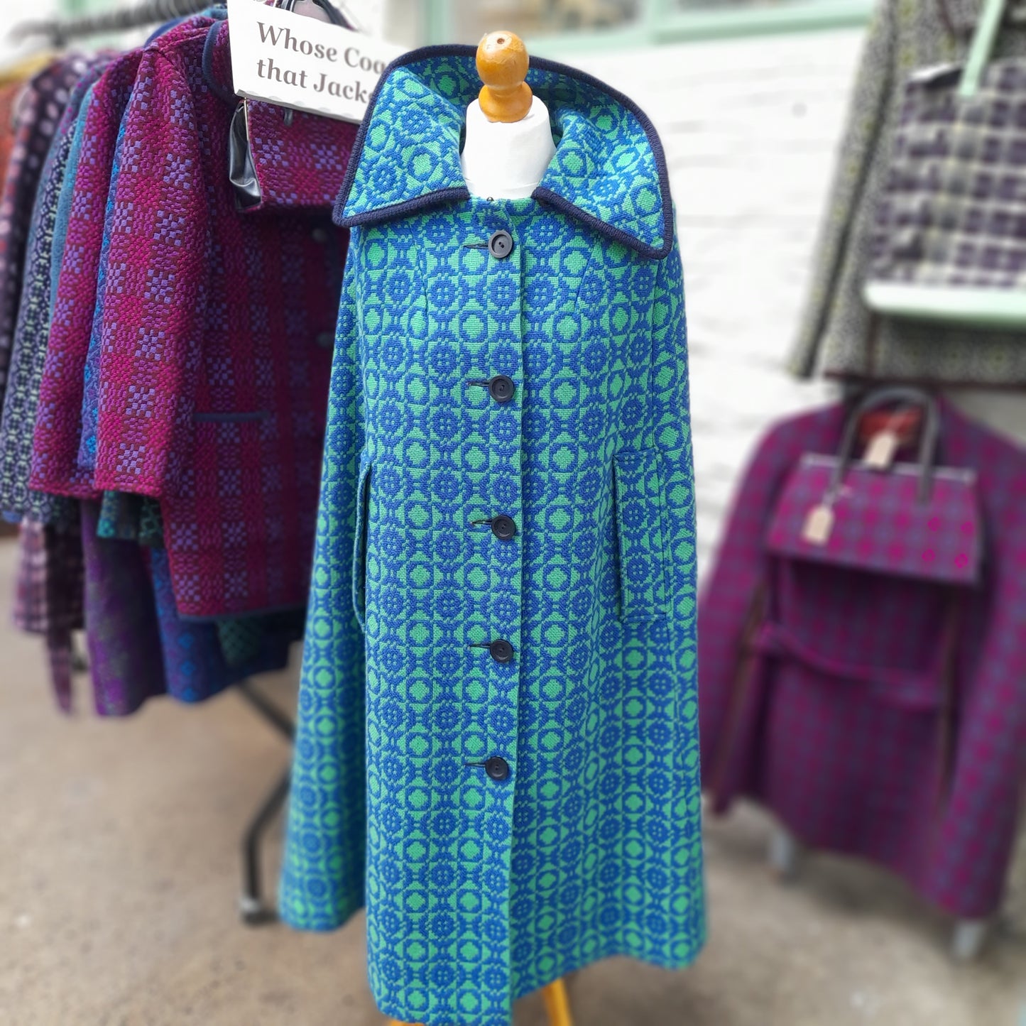 Vintage Welsh Tapestry Cape in Blue & Green Full Length