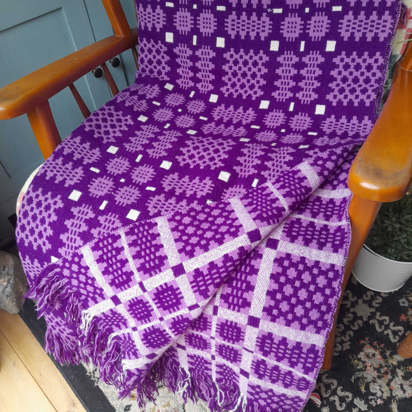 Vintage Welsh Wool Tapestry Blanket in Purple Lilac & White