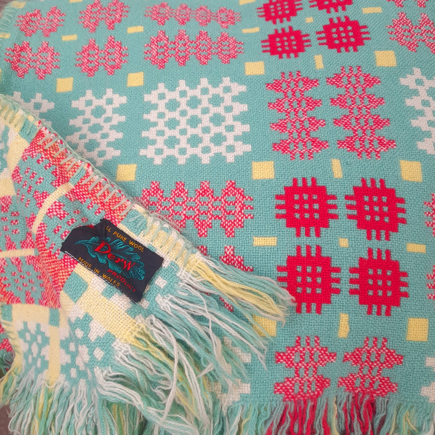 Vintage Welsh Tapestry Blanket in Green, Raspberry Red, Lemon Yellow & White King Size