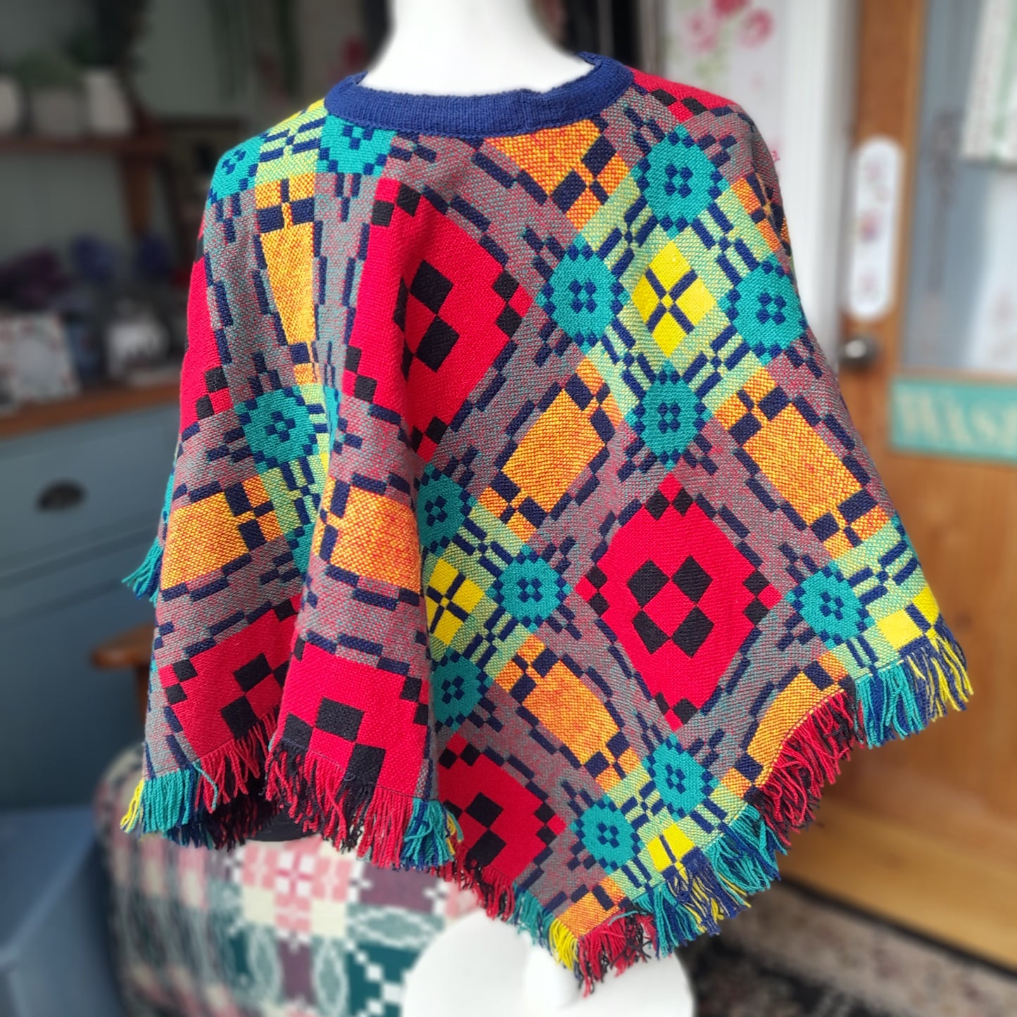 Vintage Welsh Tapestry Poncho by Trefriw Woollen Mill Navy Multicolour Reversible