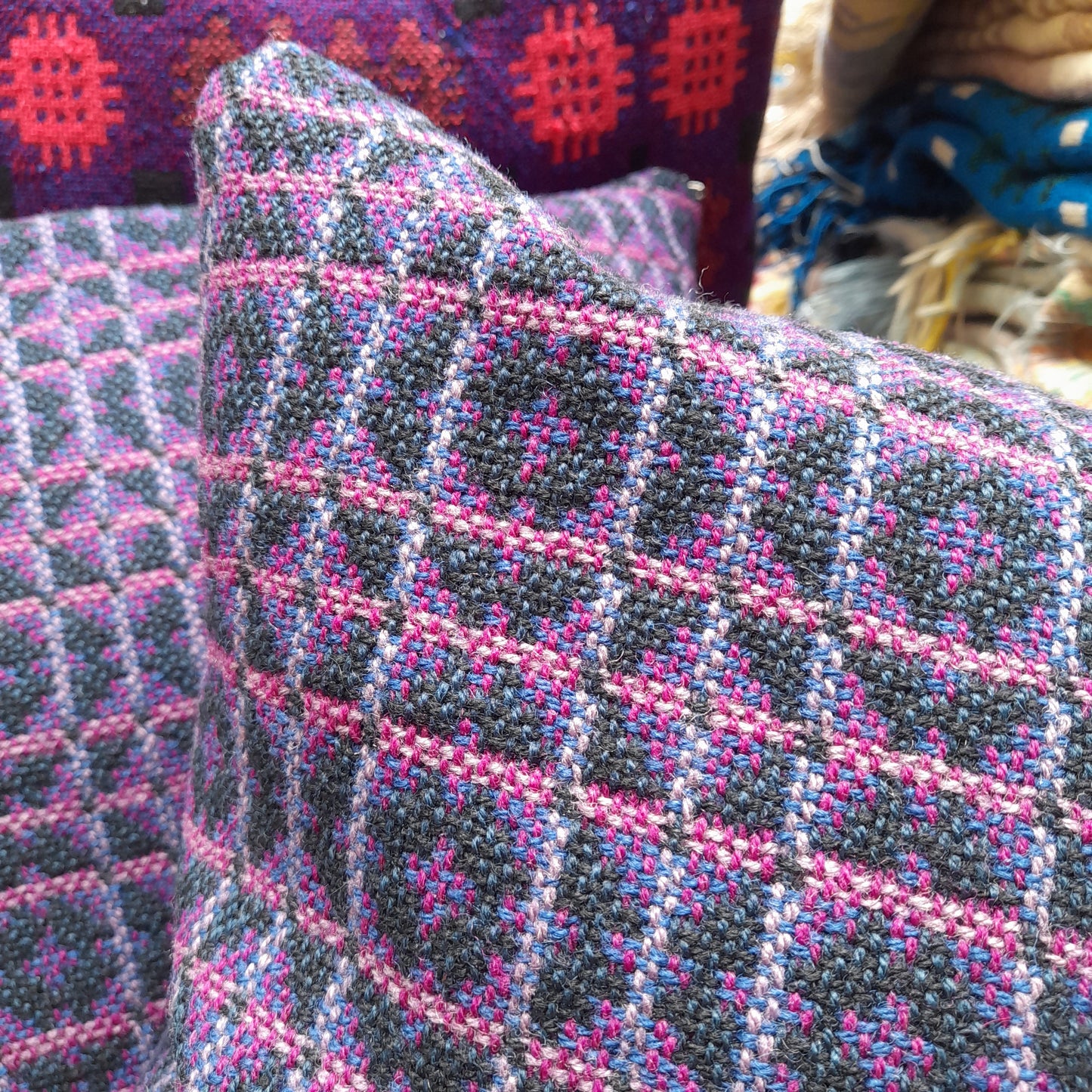 PAIR Handmade Cushions Made From Vintage Welsh Tapestry Fabric in Navy Blue, Black, Pink & Purple 18"