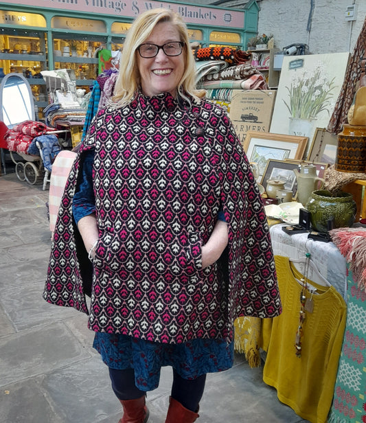 Vintage Welsh Tapestry Cape in Pinky Red, White & Black by Brynkir Mill