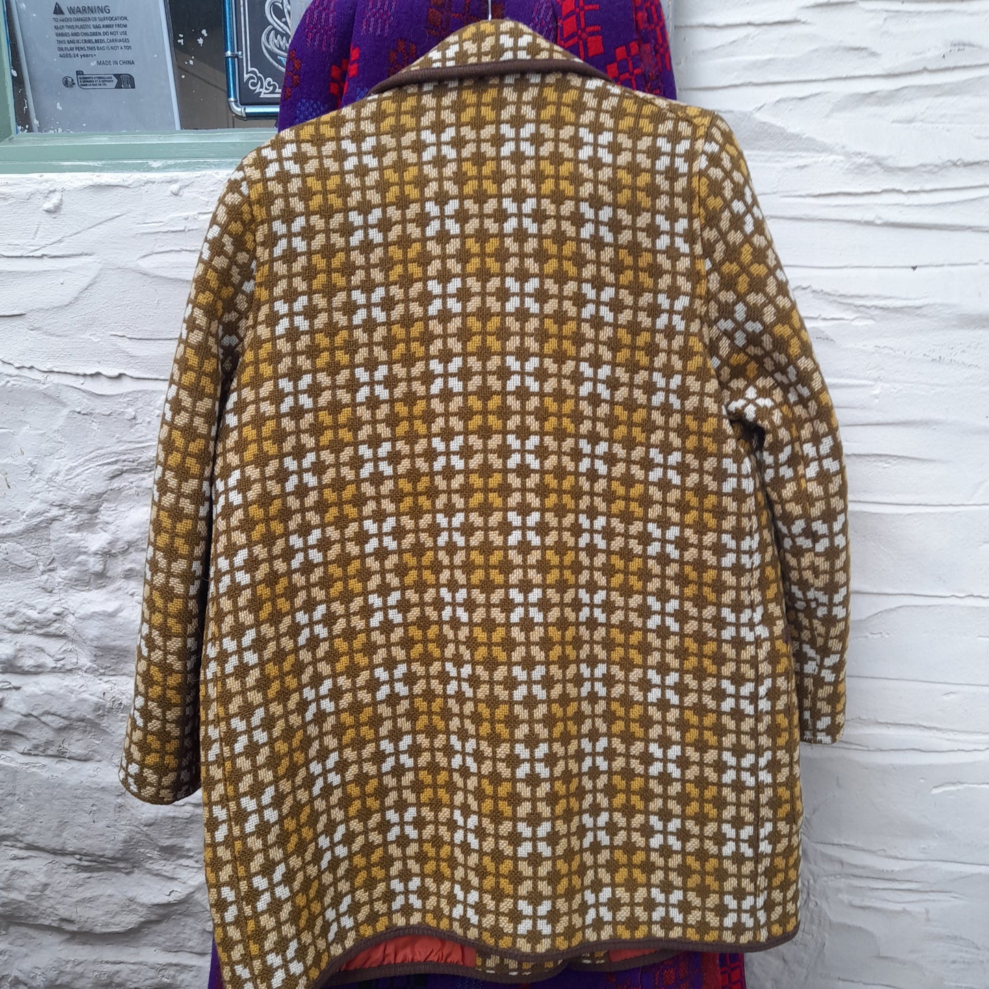 Vintage Welsh Tapestry Pea Coat in Mustard, Cream & Brown Size 16/18