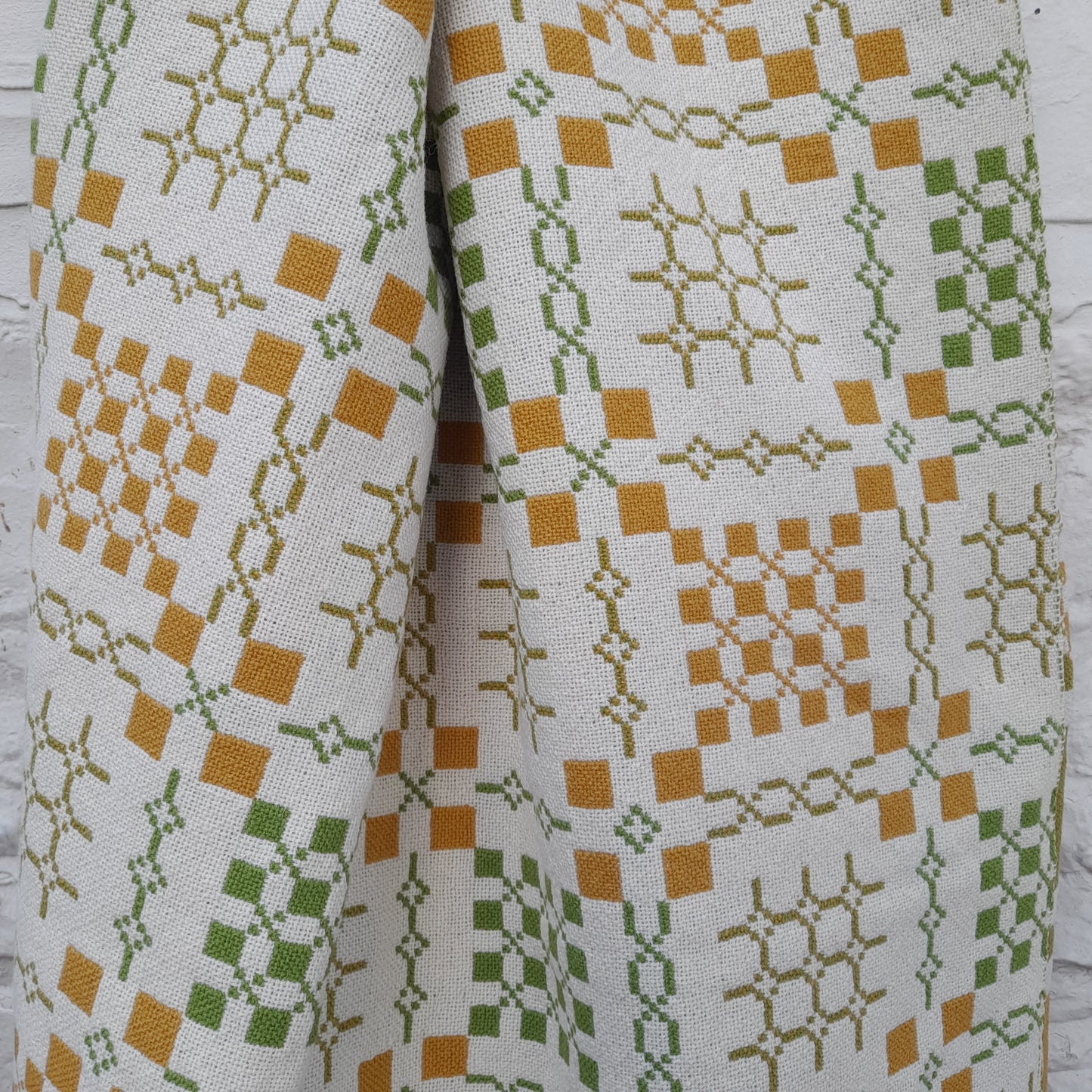 Vintage Welsh Tapestry Blanket in Mustard, Green & Cream by Elfed Woollen Mill King Size