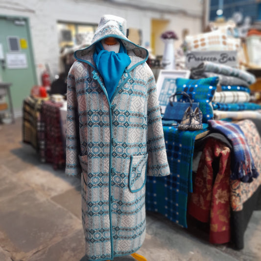 Vintage Welsh Tapestry Full Length Hooded Duffle Coat in Grey With Pop of Turquoise