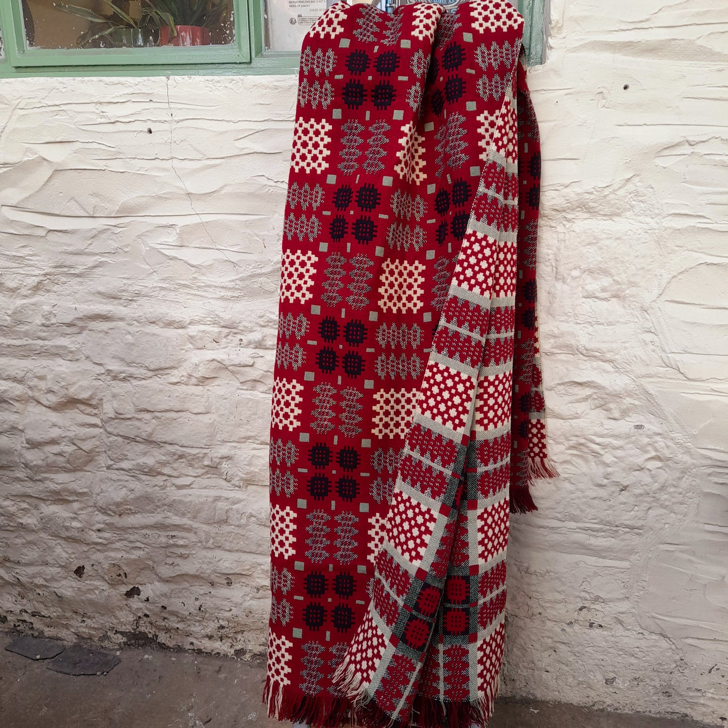 Vintage Welsh Tapestry Blanket in Deep Burgundy Wine Red, Sage Green, Black & Off White Huge King Size