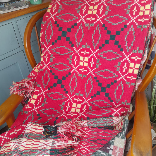 Vintage Welsh Tapestry Blanket in Raspberry Red/Pink, Emerald Green, Daffodil Yellow & Cream by Derw Mill King Size