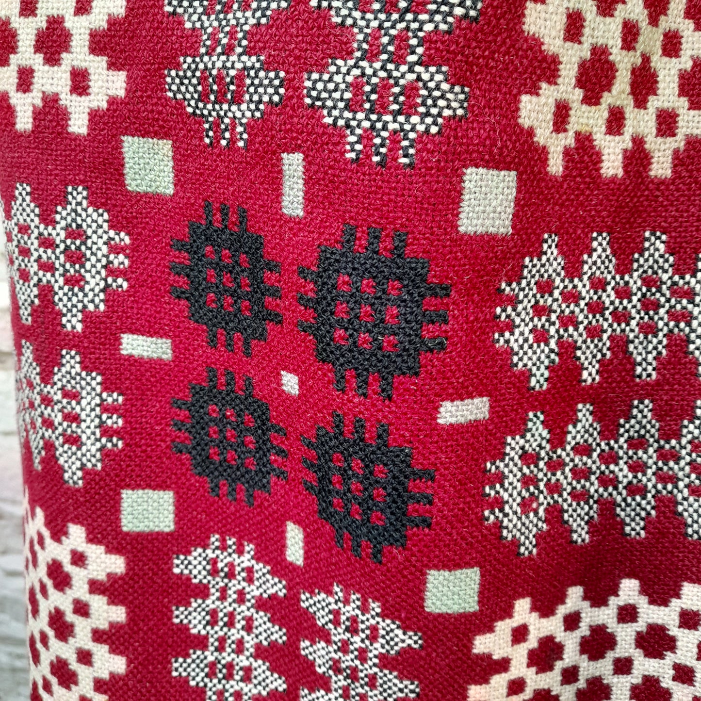 Vintage Welsh Tapestry Blanket in Deep Burgundy Wine Red, Sage Green, Black & Off White Huge King Size
