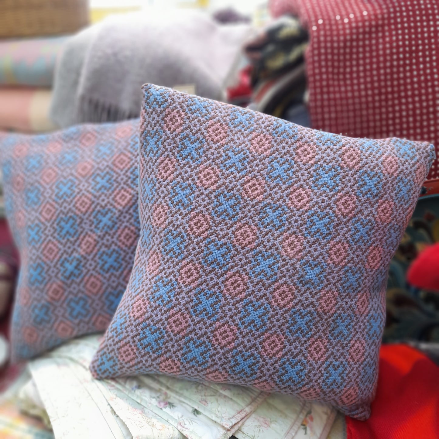 Handmade Welsh Tapestry Cushion in Pastel Pink & Blue 18"