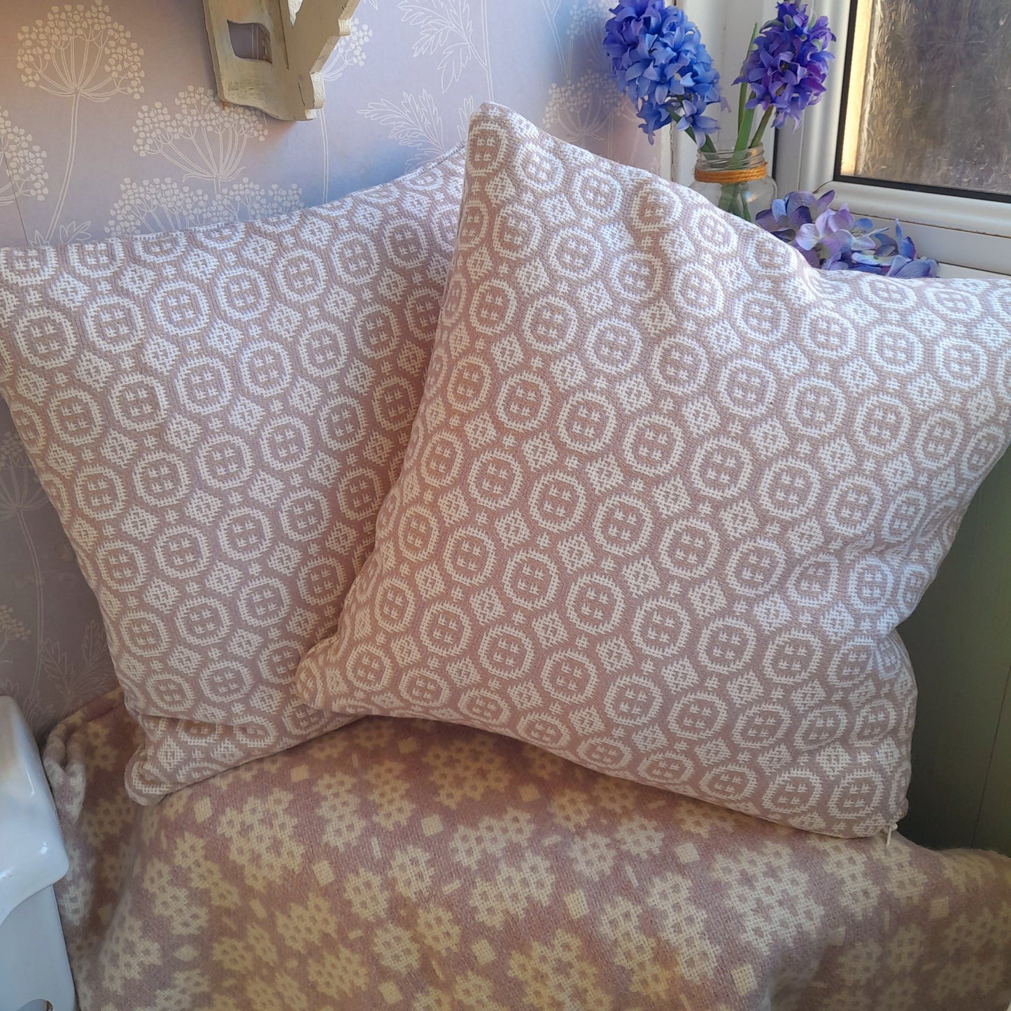 PAIR of Handmade Welsh Tapestry Cushions in Pale Lilac/Lavender & Off White/Cream 18"