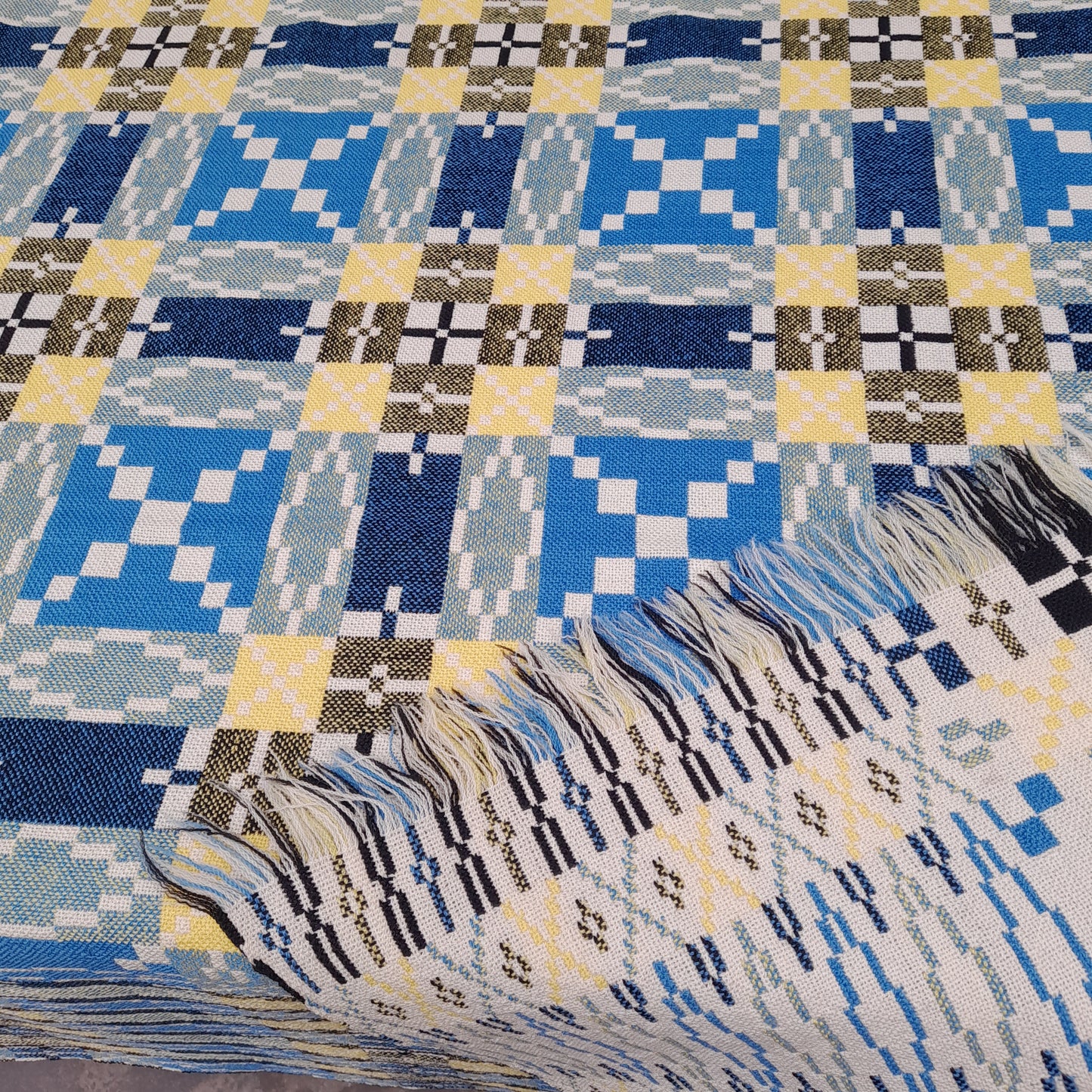 Vintage Welsh Tapestry Blanket in Blue, Black & Daffodil Yellow King Size
