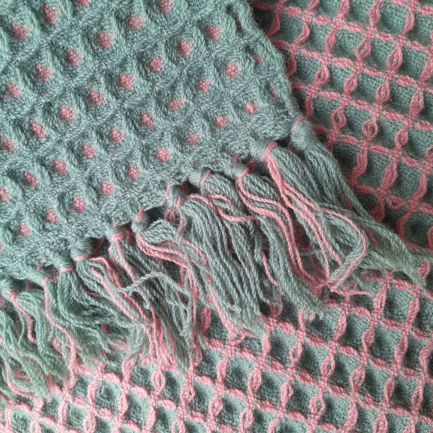 Large Vintage Welsh Wool Waffle Honeycomb Blanket in Reversible Pink & Green