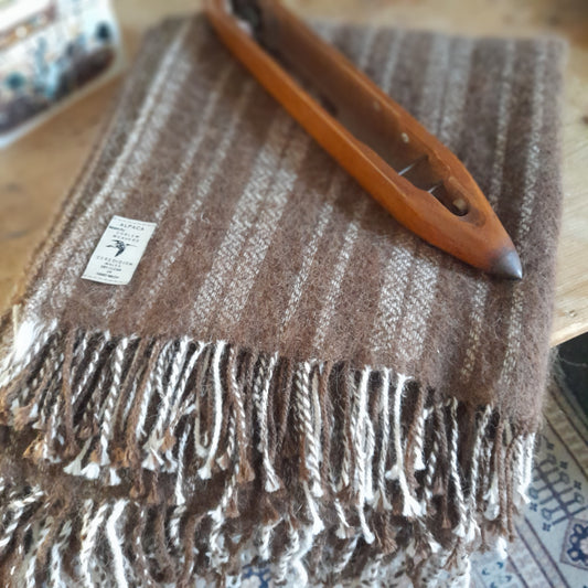 Welsh Blanket in Natural Brown Alpaca Wool Cream Stripe Hand Woven by Curlew Weavers