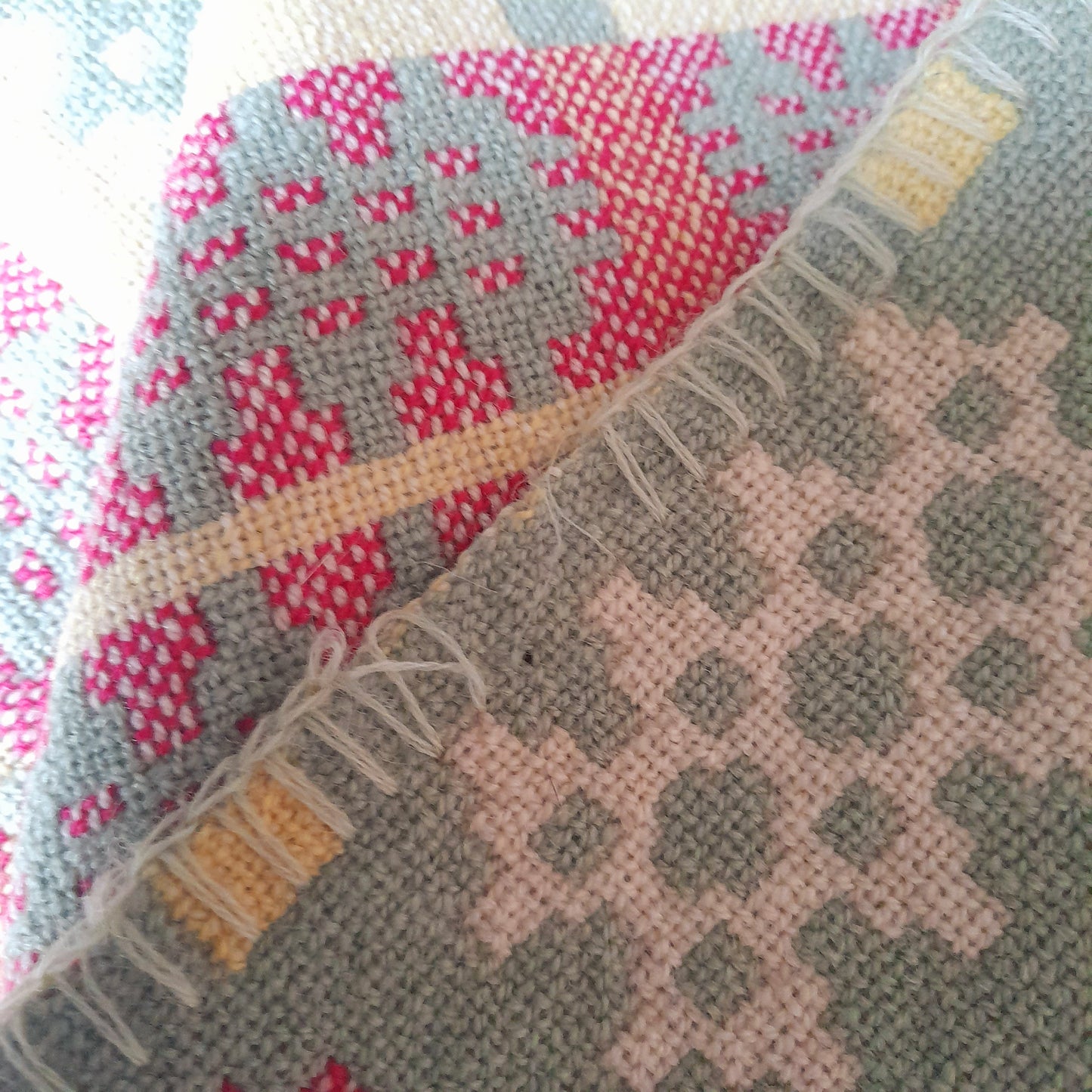 Vintage Welsh Tapestry Blanket in Sage Green, Raspberry Pink, Yellow & White King Size
