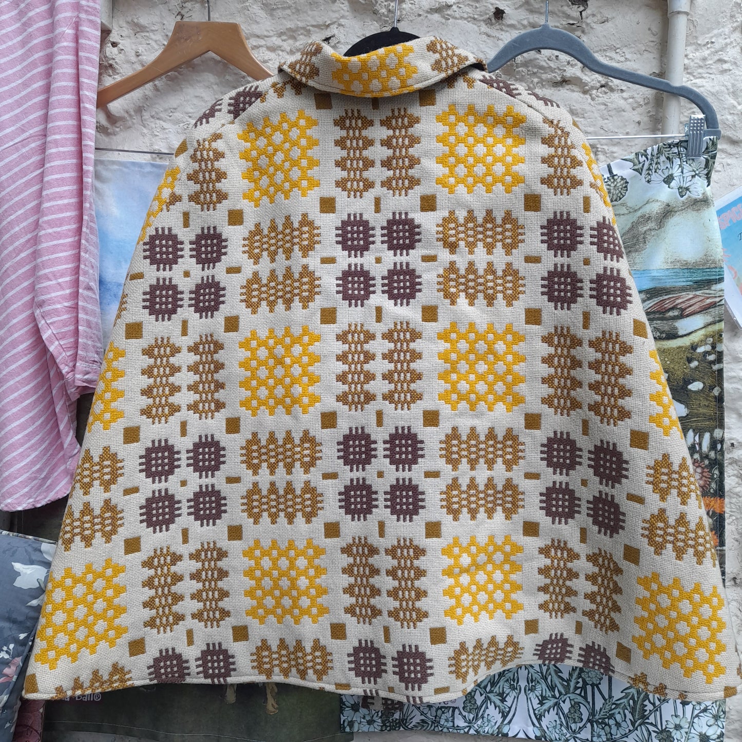 Vintage Welsh Tapestry Cape/Poncho in Cream, Yellow & Brown