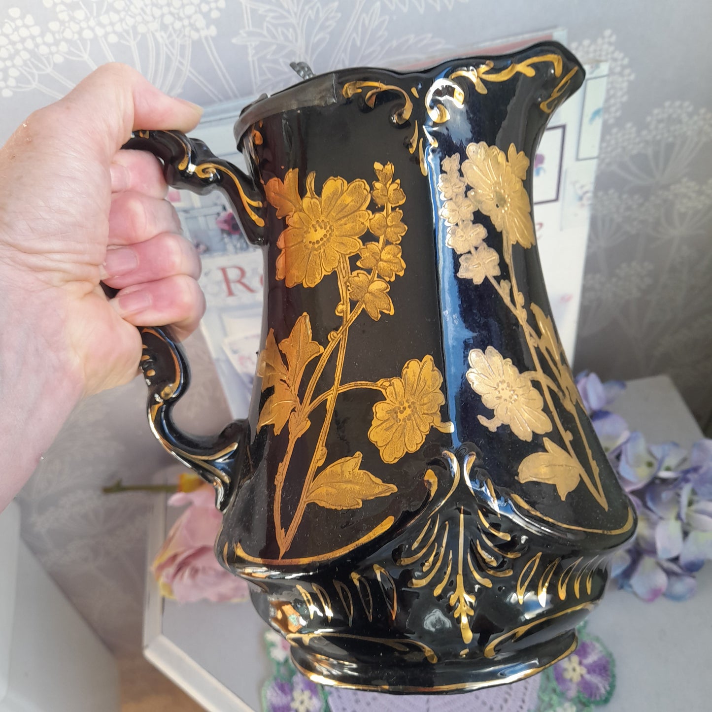 Antique Jackfield Black & Gold Water Jug With Pewter Lid
