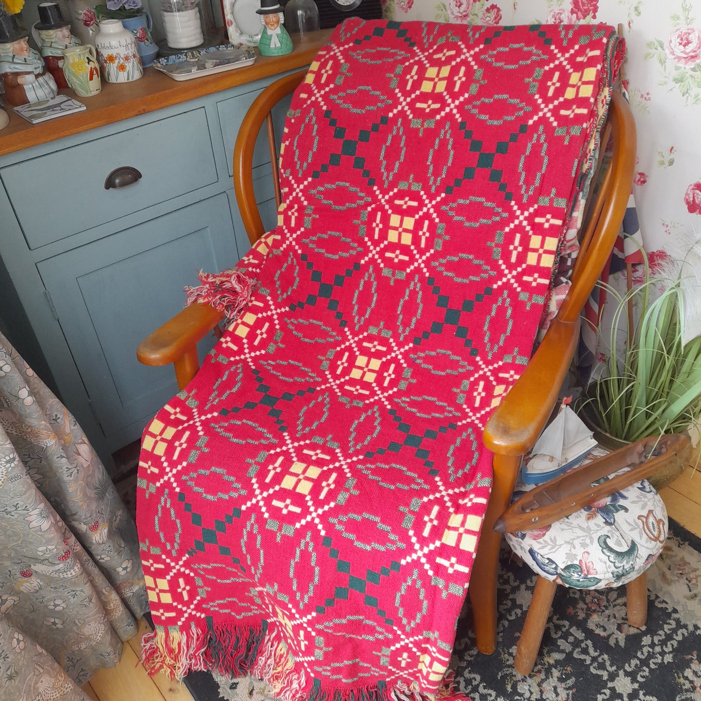 Vintage Welsh Tapestry Blanket in Raspberry Red/Pink, Emerald Green, Daffodil Yellow & Cream by Derw Mill King Size