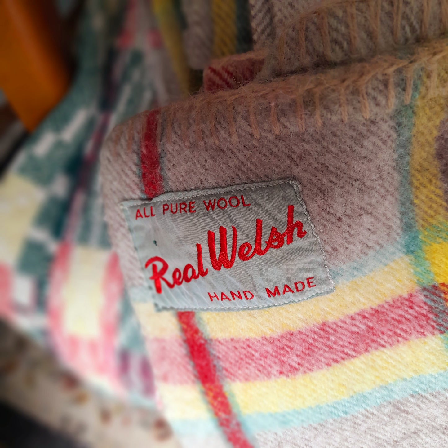 Vintage 1950s REAL WELSH Blanket in Taupe With Red, Yellow & Green Checks