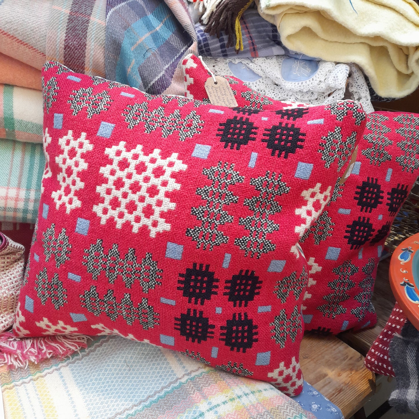 PAIR Handmade Welsh Blanket Cushions in Cerise Pink, Black & White With a Pop of Blue 18"