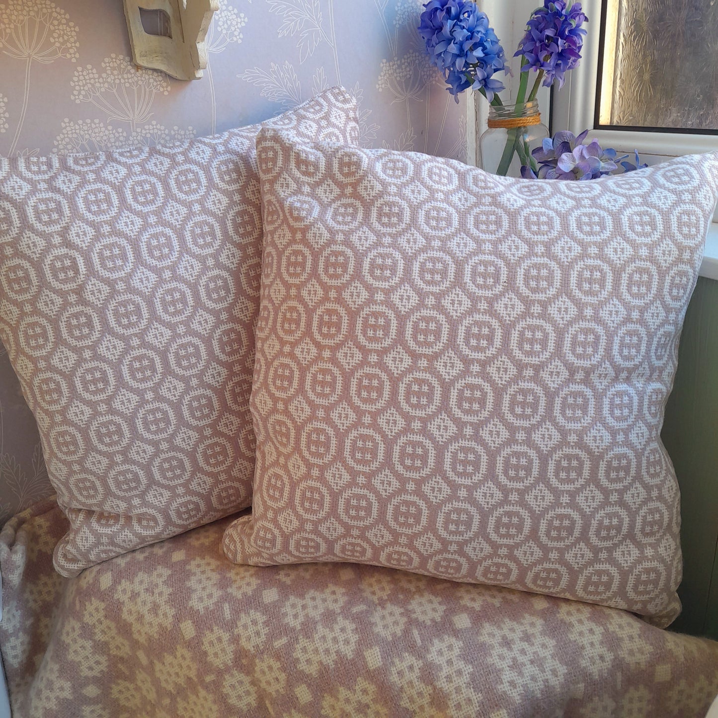 PAIR of Handmade Welsh Tapestry Cushions in Pale Lilac/Lavender & Off White/Cream 18"
