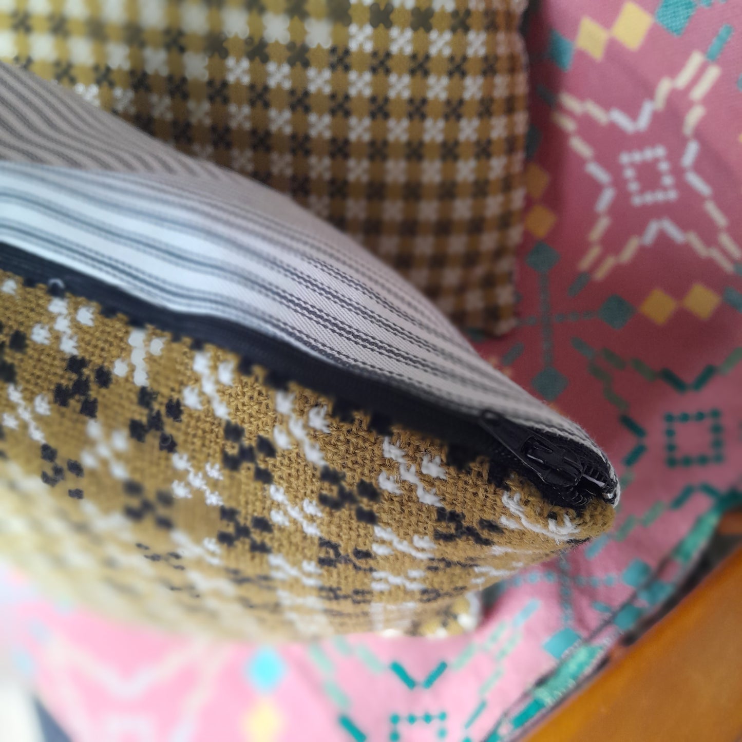 PAIR Handmade Cushions Made From Vintage Welsh Tapestry Fabric in Mustard, Black & Cream 18"
