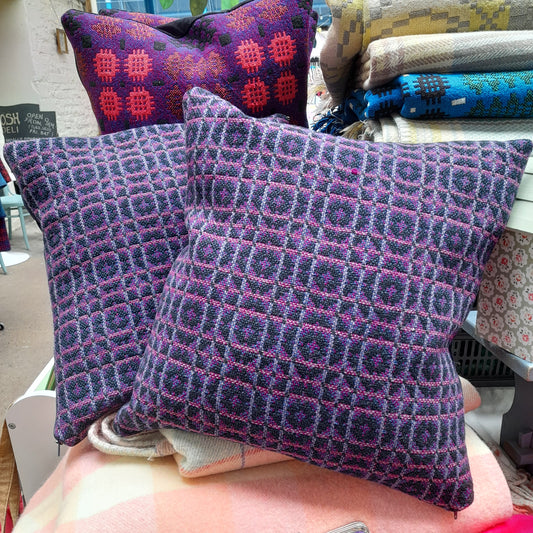 PAIR Handmade Cushions Made From Vintage Welsh Tapestry Fabric in Navy Blue, Black, Pink & Purple 18"