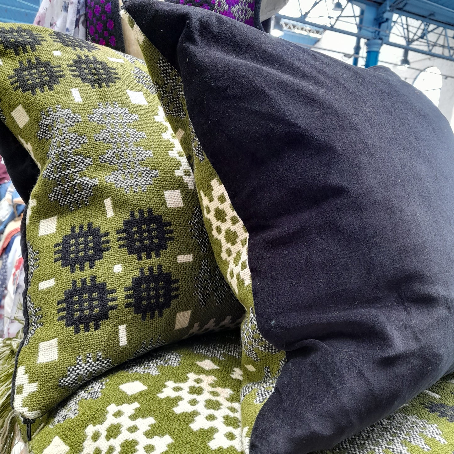 PAIR Of Handmade Welsh Blanket Cushions in Dark Green, Black & White 18"