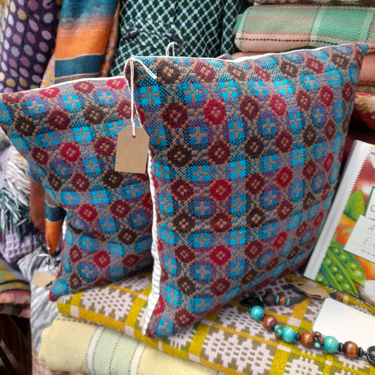 Pair of Welsh Tapestry Cushions in Teal & Burgundy 18"
