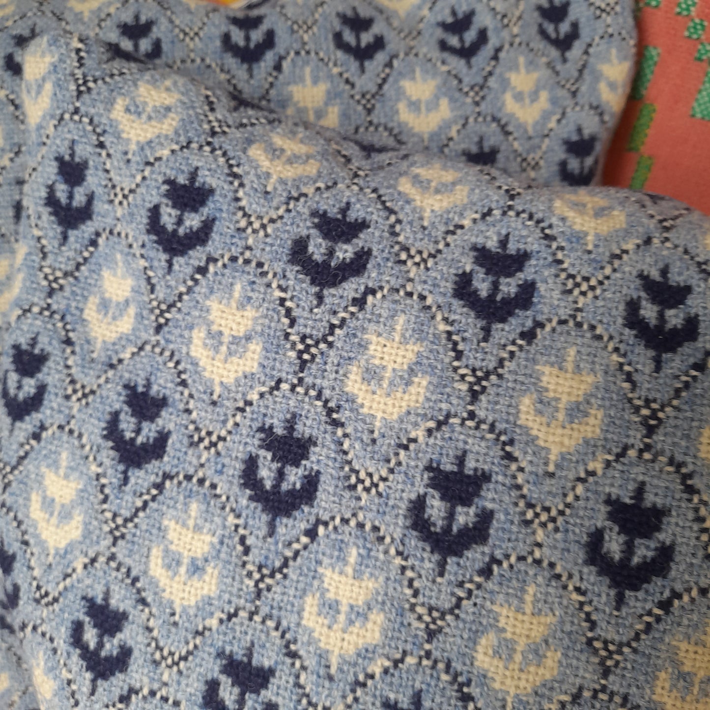 PAIR of Cushions in Navy, Blue & White Made From Vintage Welsh Tapestry 'Tulip' Fabric by Brynkir Woollen Mill 18"