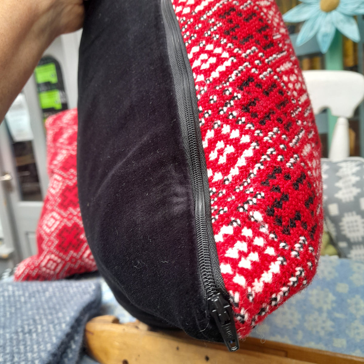 PAIR Handmade Welsh Tapestry Cushions in Red, Black & White 18"
