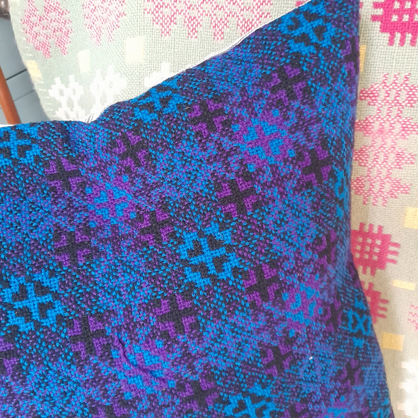 PAIR Handmade Cushions Made From Vintage Welsh Tapestry Fabric in Bright Blue, Purple & Black 18"