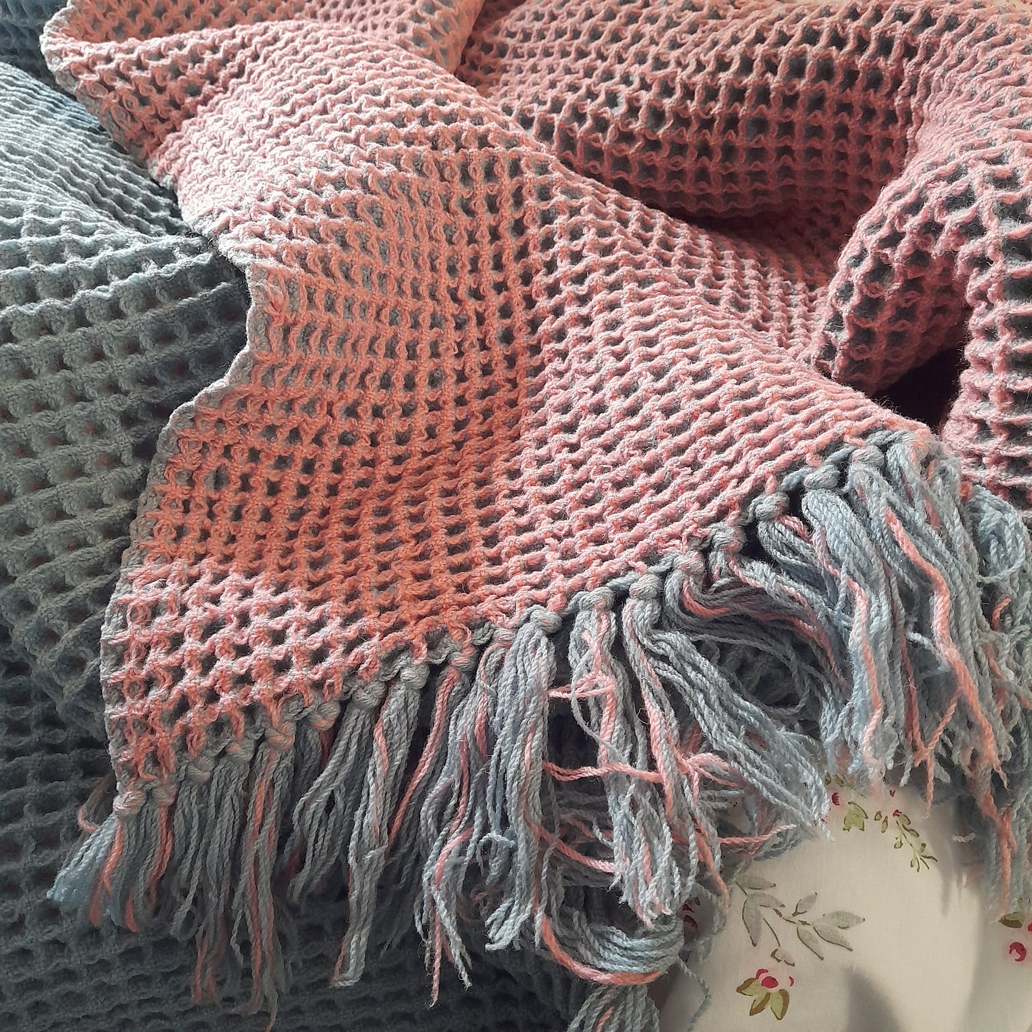 Vintage Welsh Wool Waffle Honeycomb Blanket in Pastel Pink & Blue Reversible