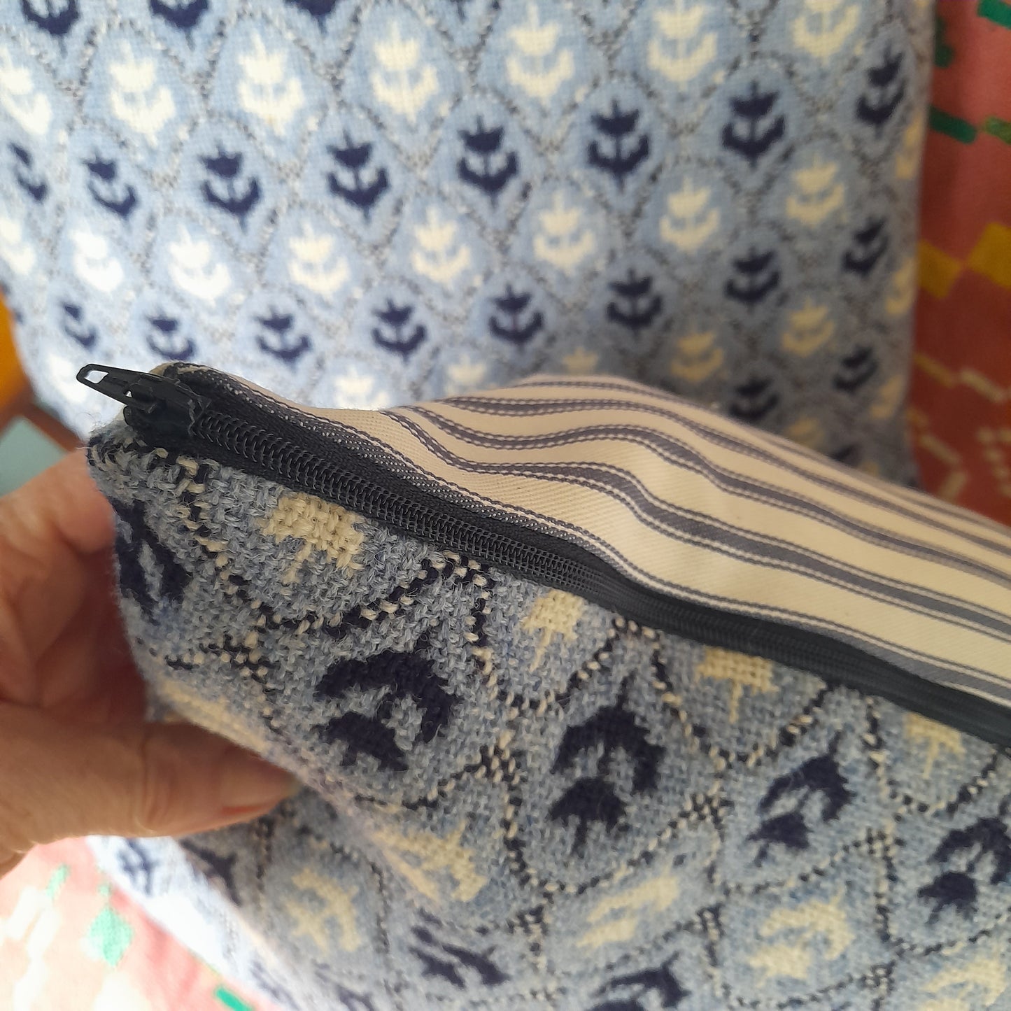 PAIR of Cushions in Navy, Blue & White Made From Vintage Welsh Tapestry 'Tulip' Fabric by Brynkir Woollen Mill 18"