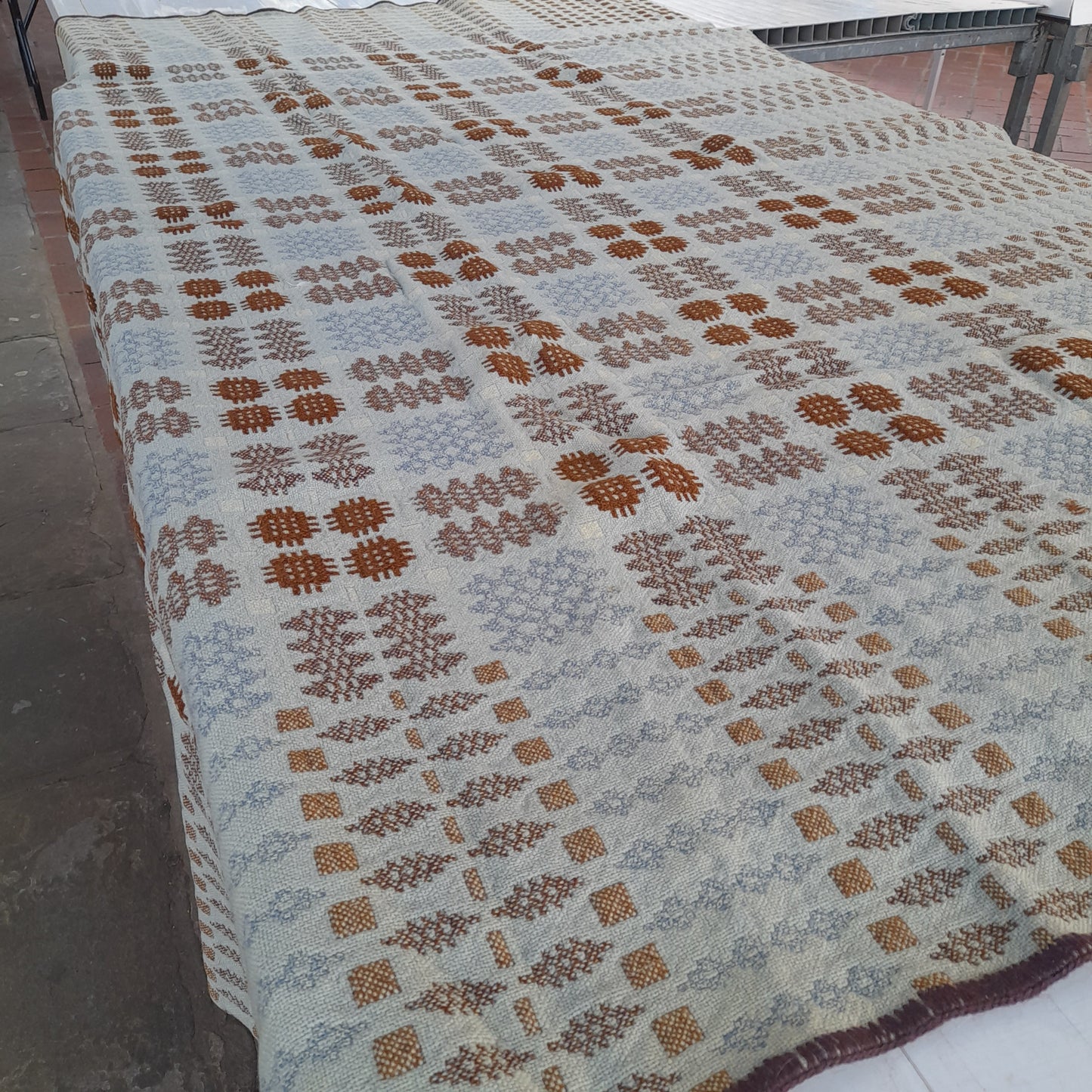 RARE Early Antique Welsh Tapestry Blanket in Grey Blue & Brown