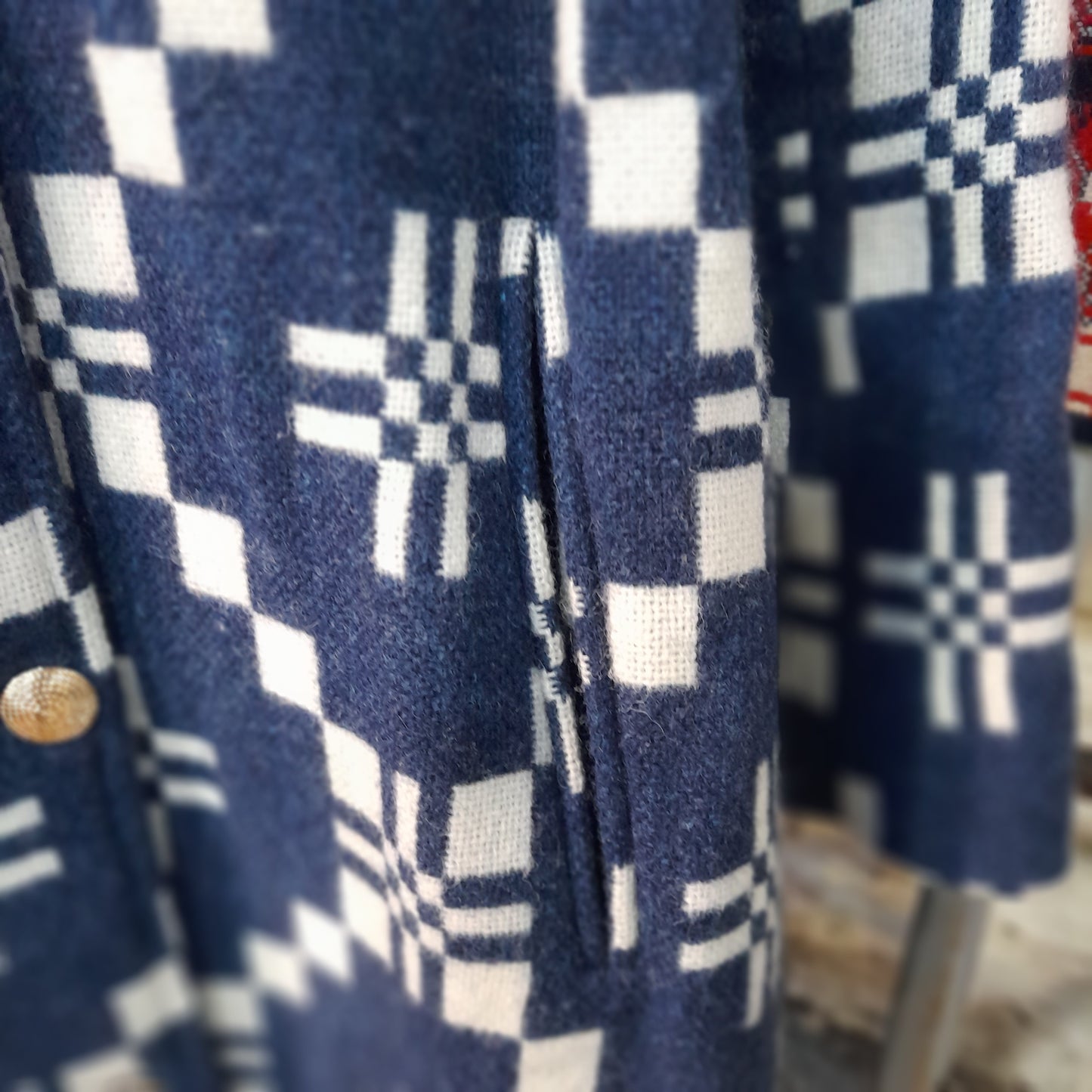 Vintage Navy & White Wool Coat by Lisou Woven by Melin Tregwynt