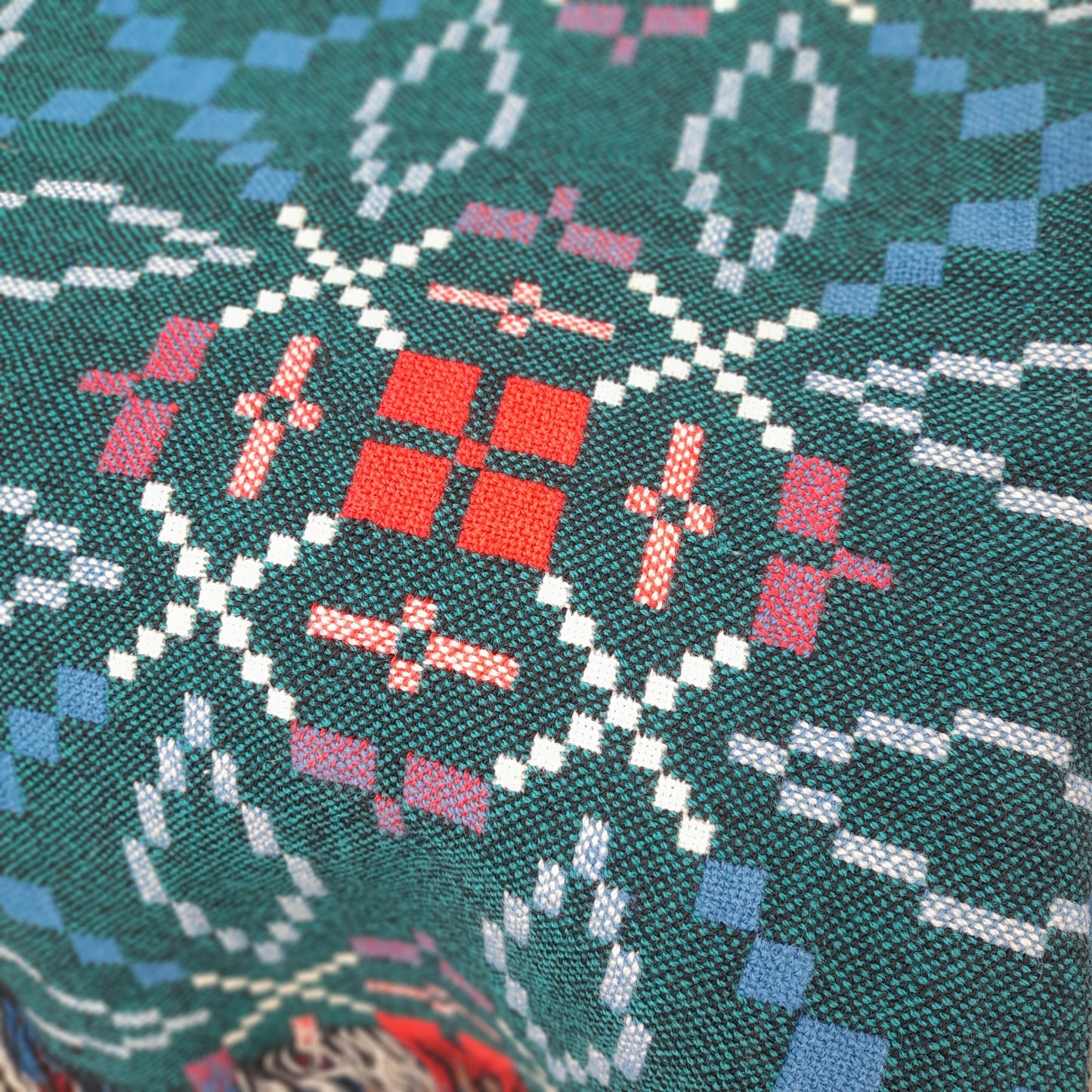 Vintage Welsh Tapestry Blanket in Teal Green, Blue & White With A Pop of Red