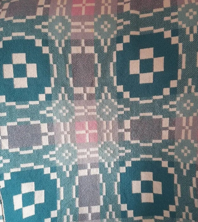 Vintage Welsh Tapestry Blanket in Shabby Chic Teal & Pink on Cream by Trefriw Woollen Mill